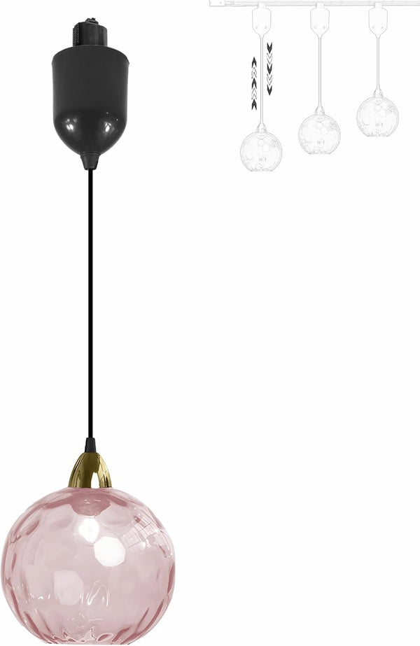 Pink hammered glass Juno track pendant with adjustable height for kitchen or bar lighting. Vintage style, E26 socket.