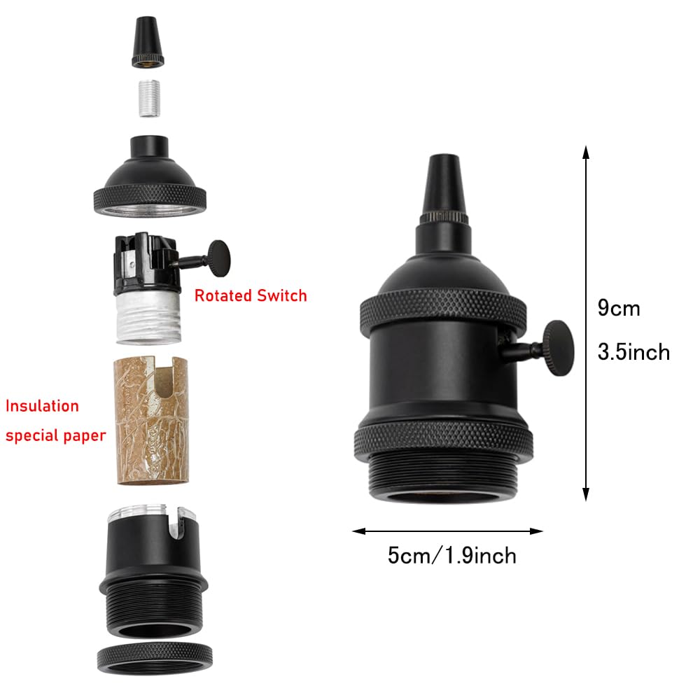 Kiven4Pcs Vintage Industrial E26 Lamp Socket with Rotated Switch Edison Retro Mini Lamp Holder for Decorative DIY Lighting Black Color