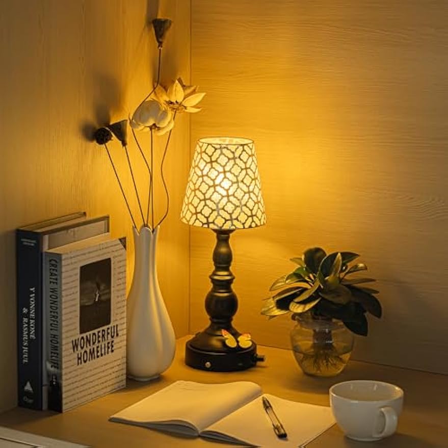 Kiven Cordless Table Lamp,Dimmable Rustic Farmhouse Bedside Desk Lamps with Metal Lampshade,2700K Warm White, Rechargeable Nightstand Lamp for Office Home Decor Bedside DZ0469