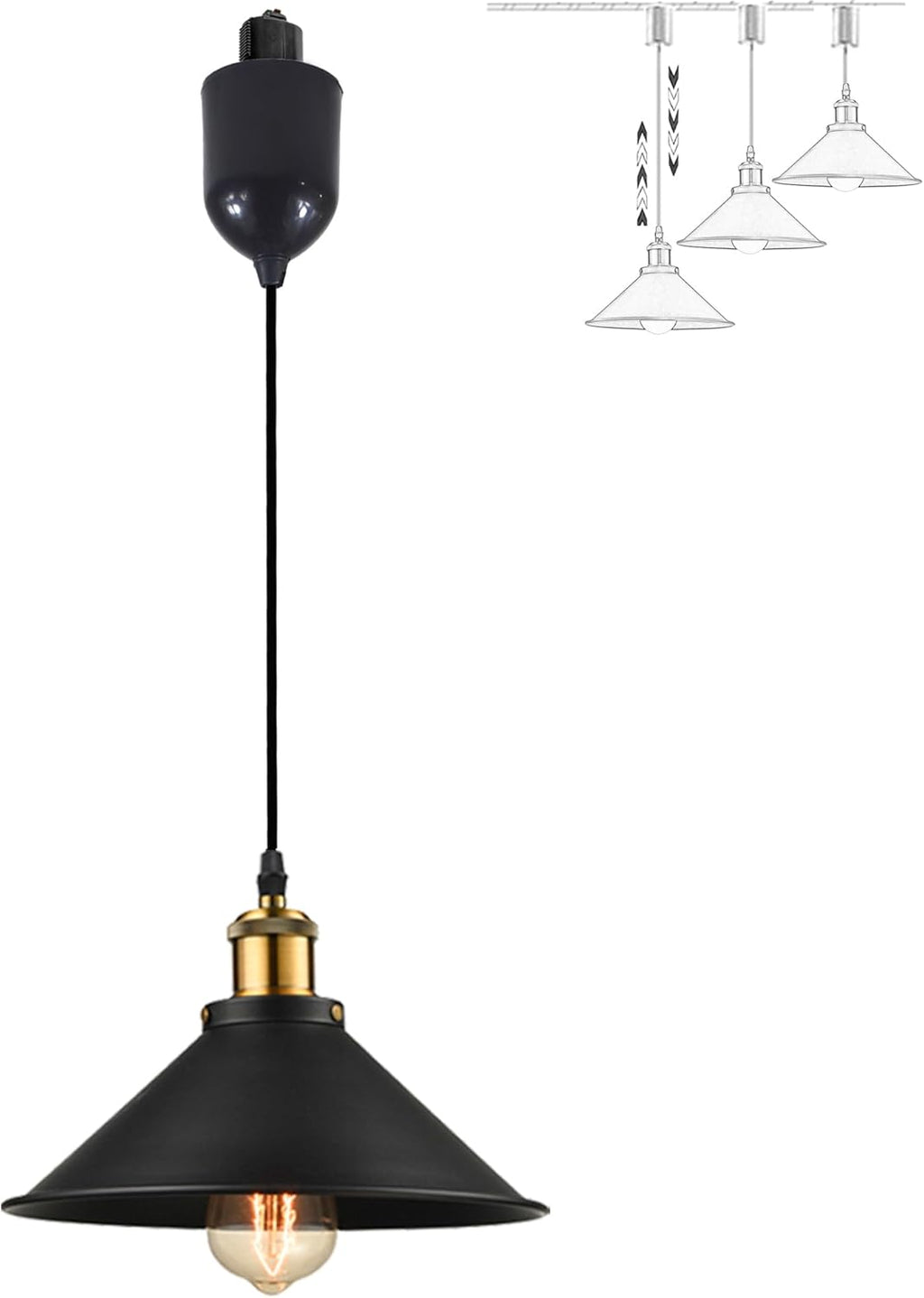 Adjustable Height H Track Mount Pendant Light Industrial Style Black Metal Instant on Auto Retract Track Mount Pendant Light Decorate for Kitchen Island Customizable (No bulbs & Track System)