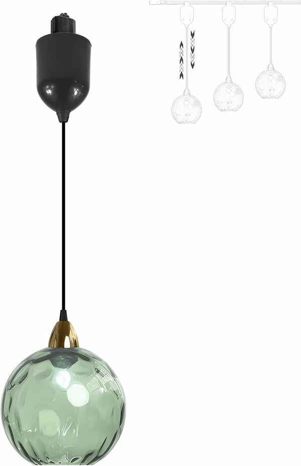 Green glass Juno track pendant with adjustable height, kitchen and bar lighting, vintage style.