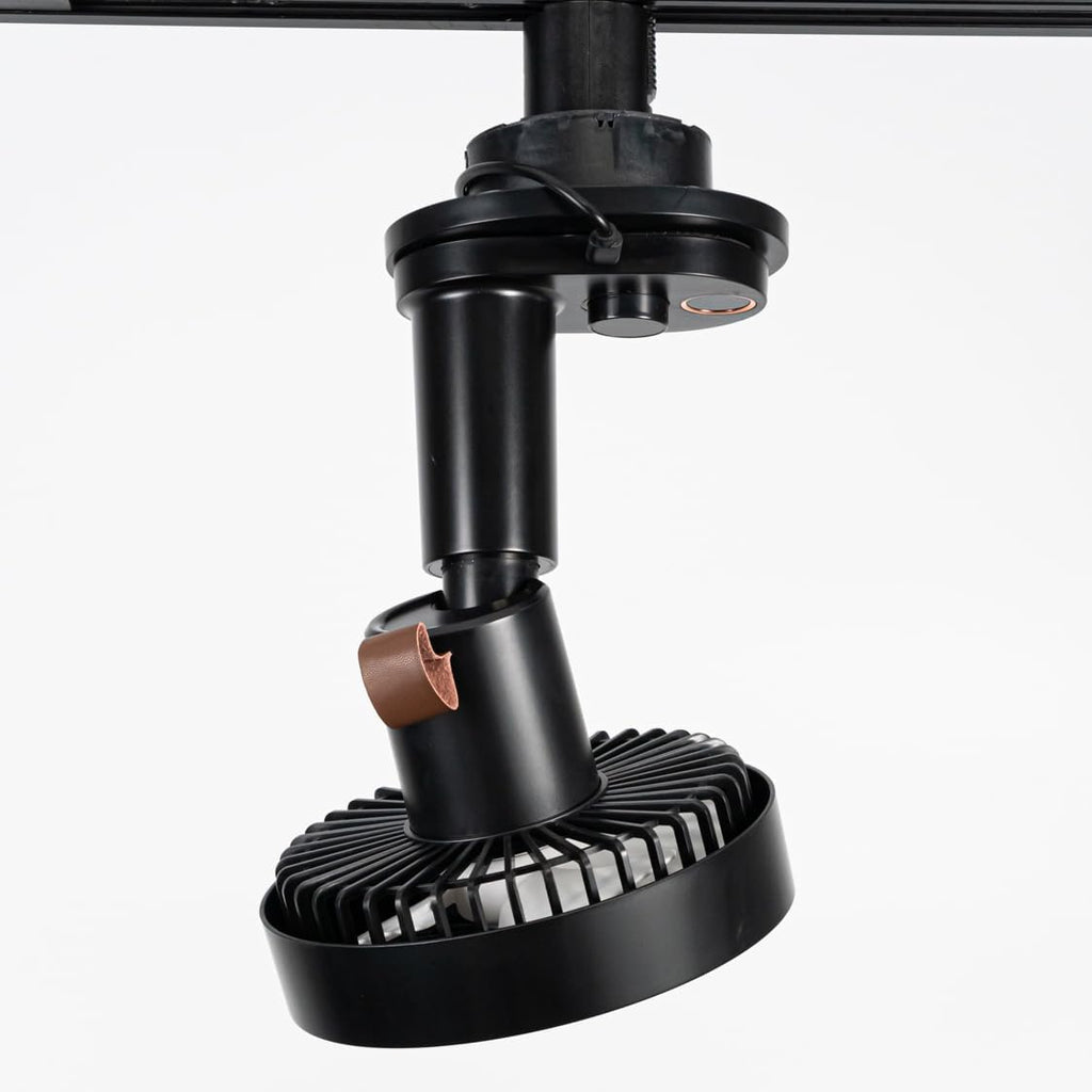 Black H-type track fan for warehouse ventilation, adjustable airflow with remote control, track lighting.