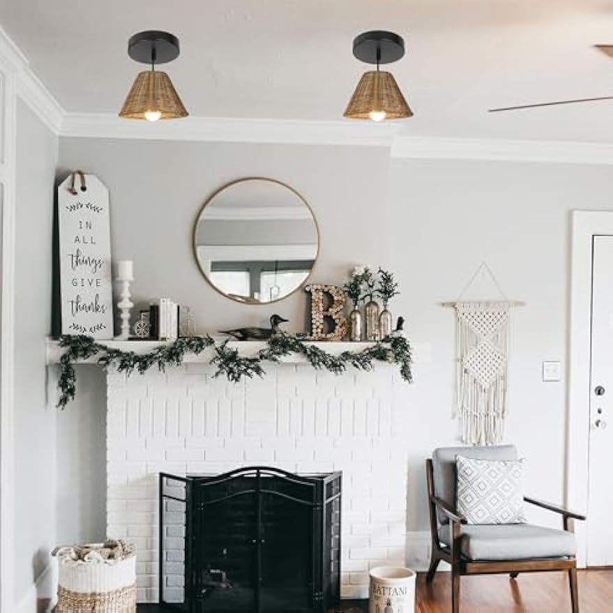 Kiven rattan farmhouse pendant lights, black base, over a fireplace. Ideal for recessed lighting conversion, farmhouse style.