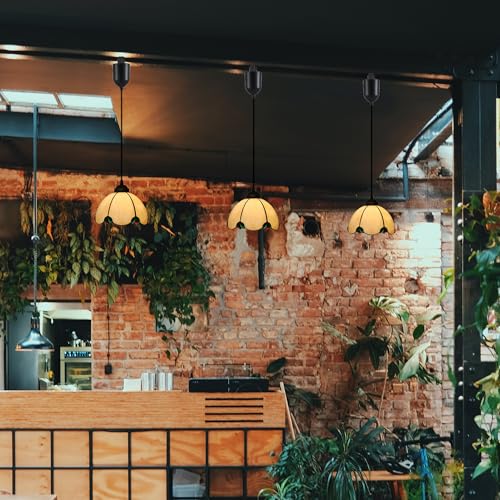 Adjustable Height Juno Track Light Pendants, 4 Ft Cord, J-Type Track Pendant Lights by Remote, Tiffany-Style Yellow Glass Smart LED Edison Bulbs Track Mount for Bar Island Vaulted Ceiling