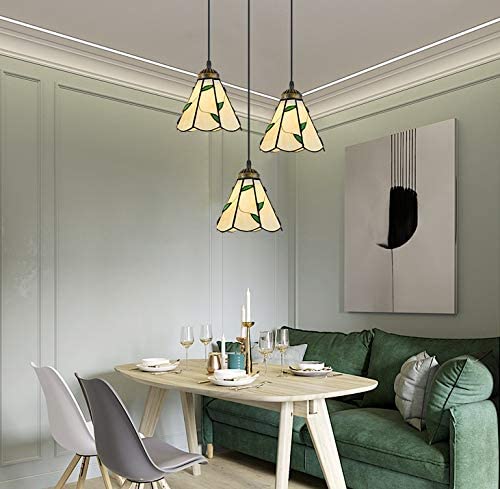 Tiffany Retro Glass Shade pendant lights with leaf design, perfect for dining room lighting; vintage track light style