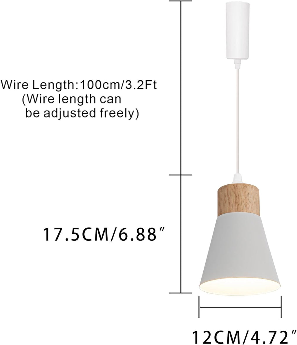 Modern white pendant lighting with wood base, adjustable wire length, for kitchen and dining room.