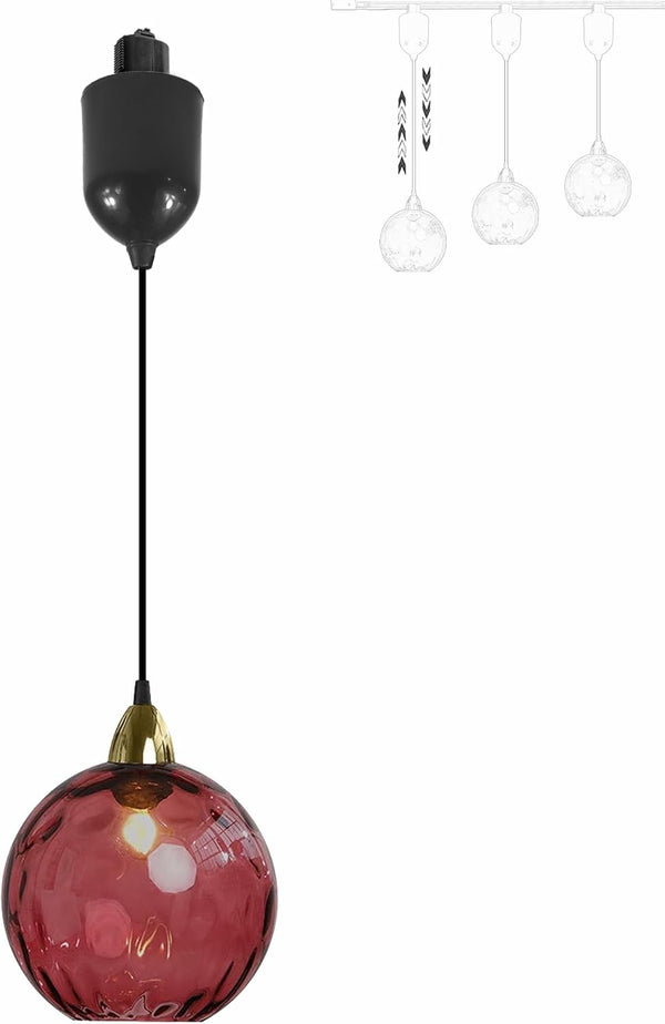 Red glass Juno track pendant light with adjustable height, vintage style. Ideal for kitchen or bar lighting, E26 socket.