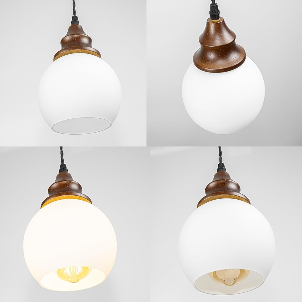 3.2ft Adjustable Cord H-Type Track Pendant Light E26 Walnut Base White Glass Ball Shade Hanging Light Vintage Decor for Kitchen Home Office 1 Pcs(No Bulb, Track)