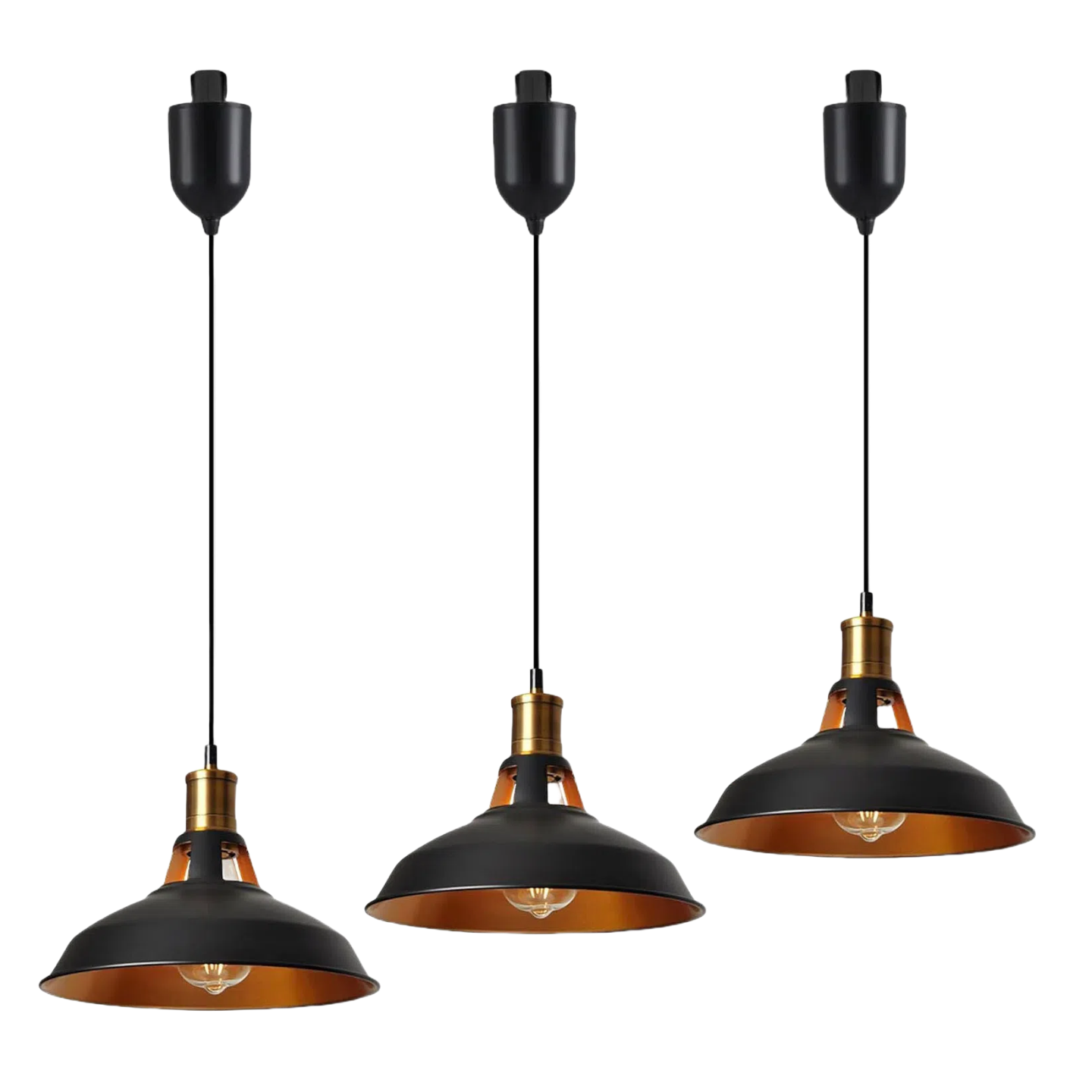 Gold Macaron style track lighting pendant with adjustable height and black exterior, ideal for kitchen and dining areas.