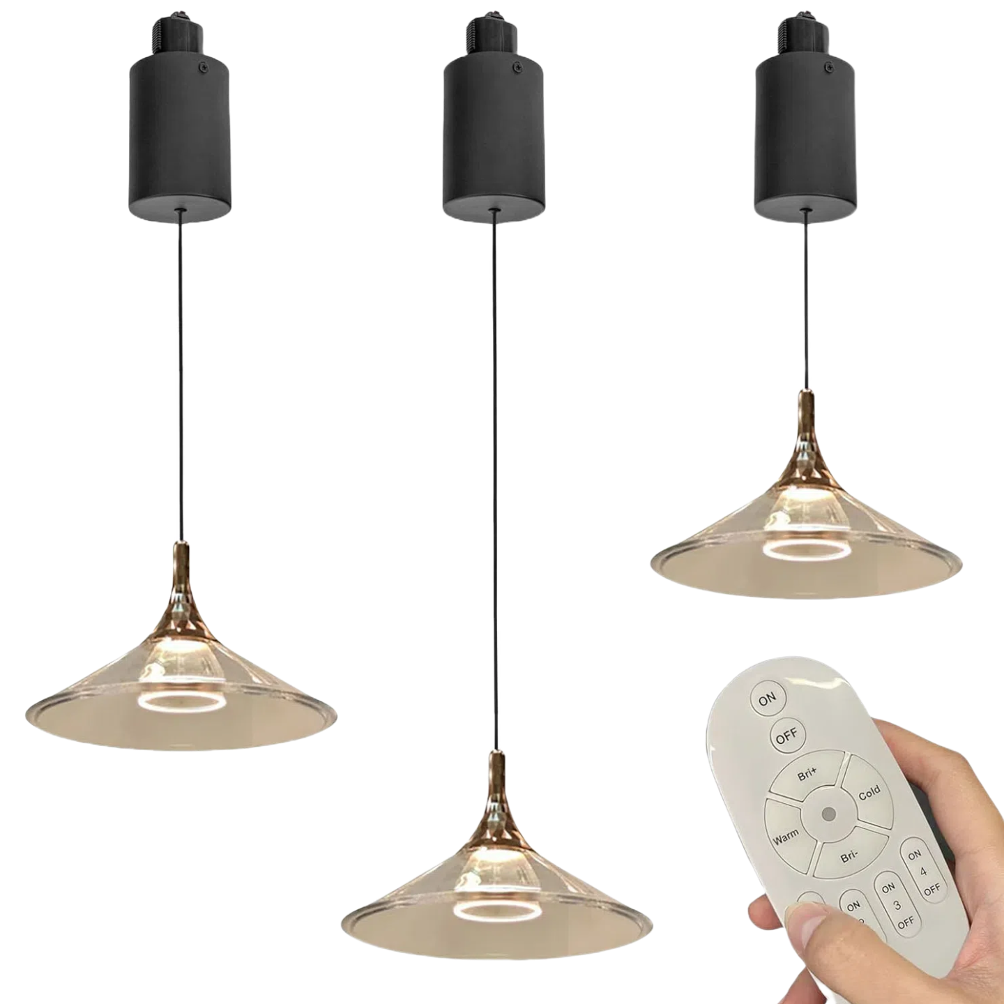 Adjustable 3-Lights Track Pendant Light with stepless dimming controlled by remote control. Warm and Cold light settings.