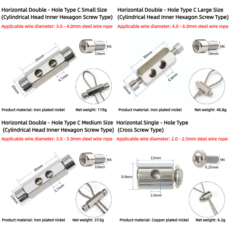 Kiven 304 Stainless Steel Wire Rope Locking Device, Adjustable Self-Locking Double-Hole Cable Clamp for Clothes Hanger/Picture Hanging - Customizable