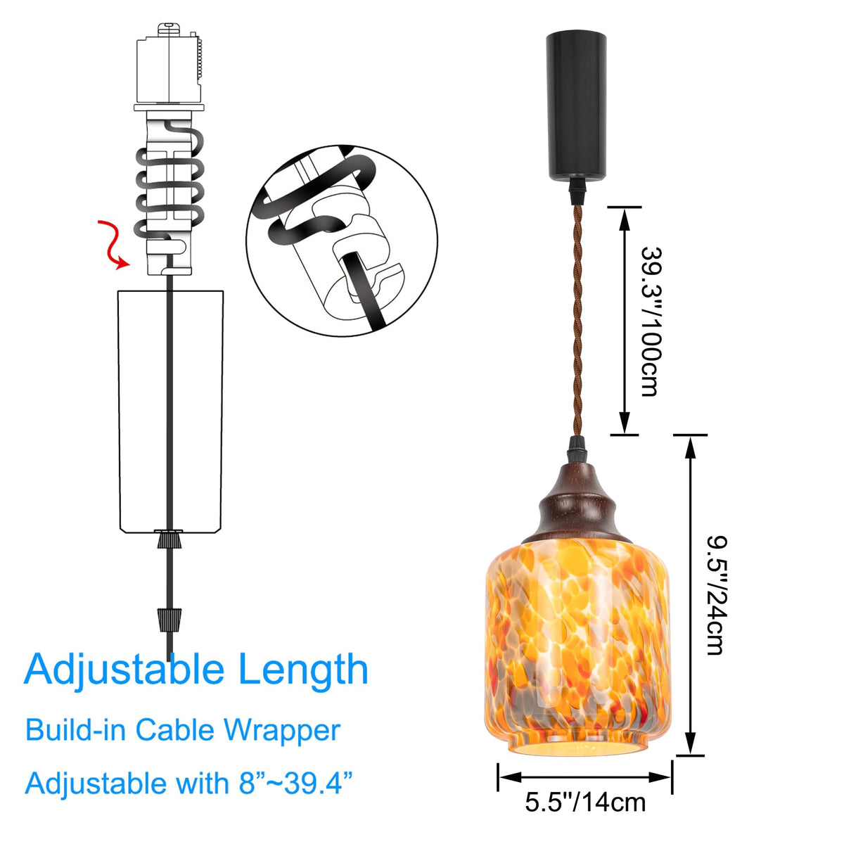 Kiven H-Type Track Lighting Pendants,3-Light Modern h Track Pendant Lights with Orange Glass Globe,Decorative Track Lighting Fixture Adjustable Cord Length for Kitchen Restaurant TBB010