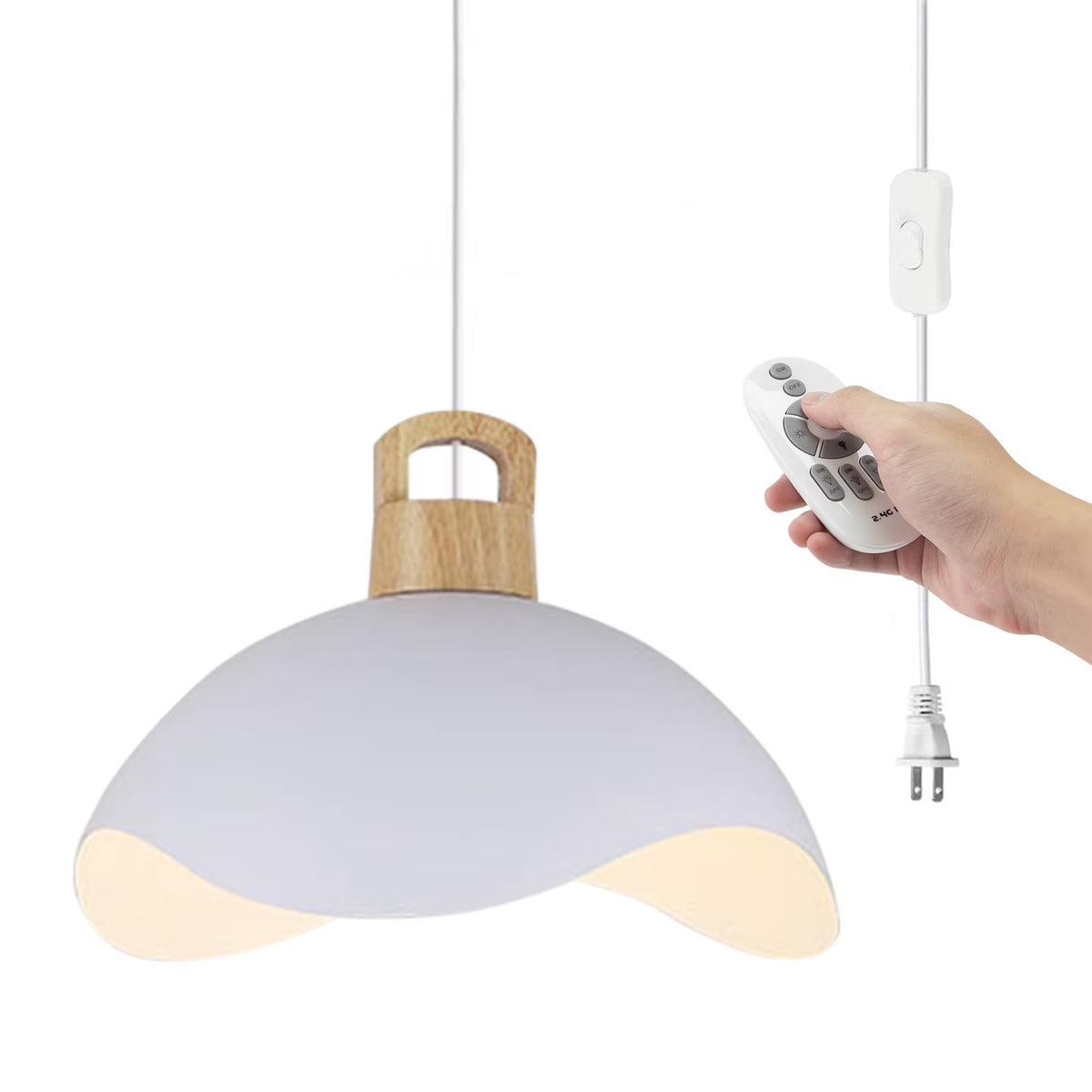 Kiven Modern Plug-in Pendant Light with Wavy Shade & Wood Top, Dimmable Hanging Cord Light