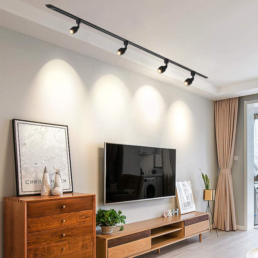 Black track lighting with adjustable spotlights, perfect for wall painting or rental house illumination.
