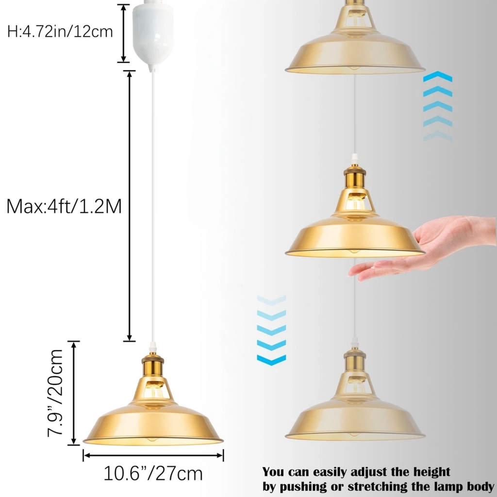 Dimension diagram of adjustable track pendant light showing max 4ft retractable cord length, 10.6 inch gold metal dome shade, and how to push or stretch to adjust height