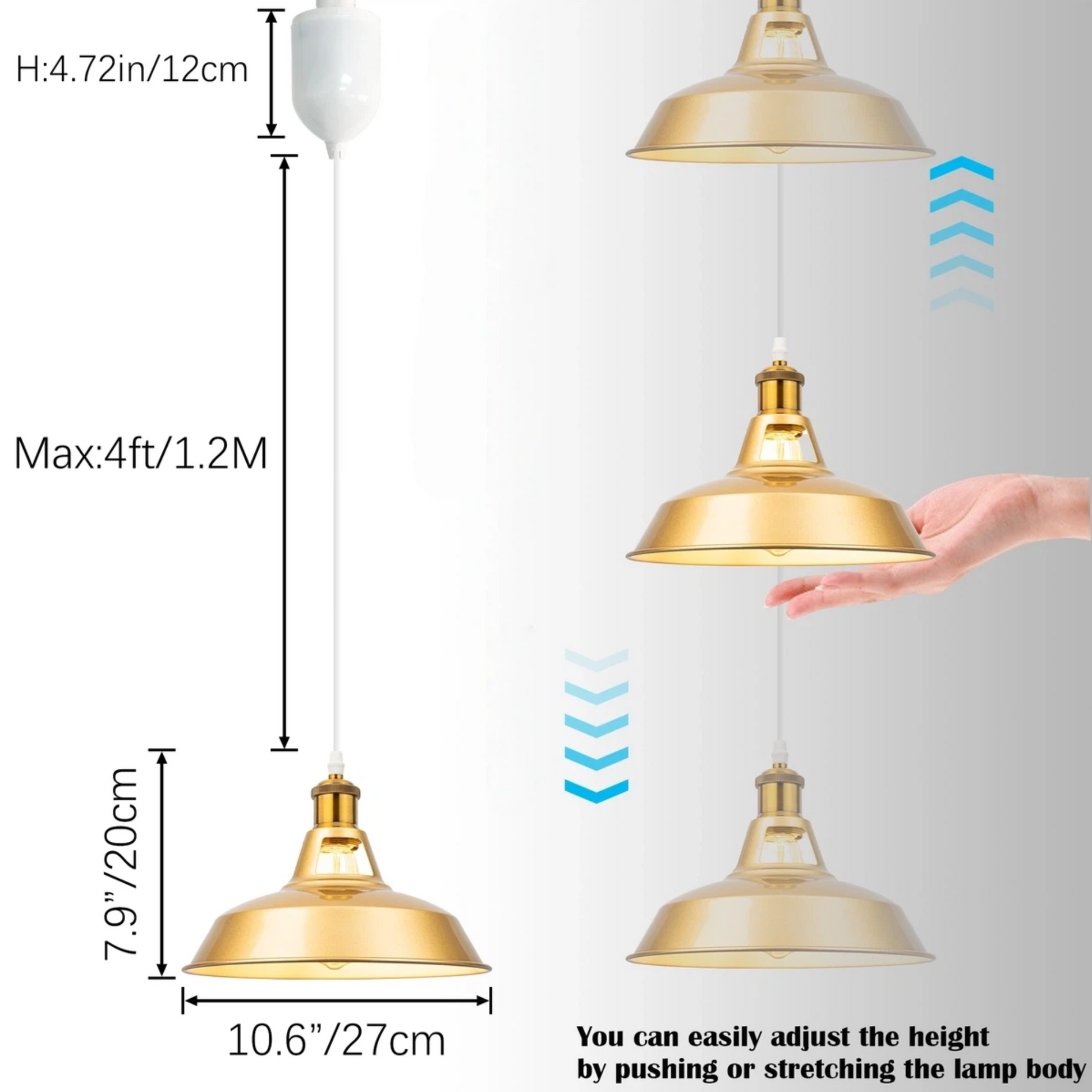 Dimension diagram of adjustable track pendant light showing max 4ft retractable cord length, 10.6 inch gold metal dome shade, and how to push or stretch to adjust height