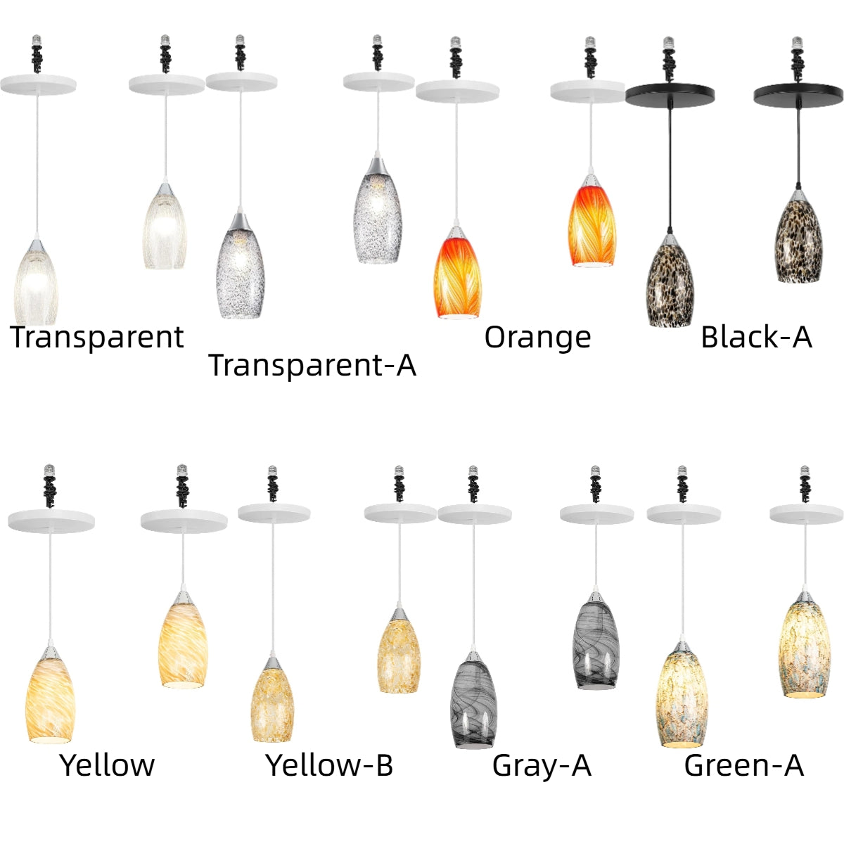 Kiven pendant lights, diverse colors (Transparent, Orange, etc.) for recessed lighting conversion. E26 adapter.
