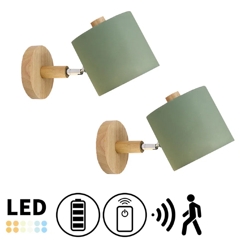 Customized Bulb Battery Wireless Wood Base Cylinder Shade Adjustable Wall Sconce(Grey/White/Green)