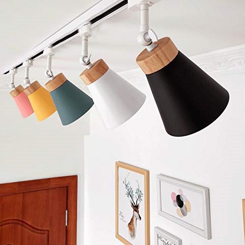 Adjustable modern track lighting with wood accent, for kitchen, bedroom, and dining room.