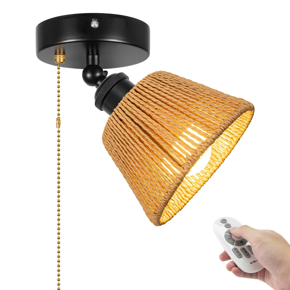Adjustable Light, Zipper Switch 12V RV Industrial Woven Natural Boho Rattan Cover, E26 Socket Semi Flush Mount Interior Lighting Decorative for Boat Camper Hallway