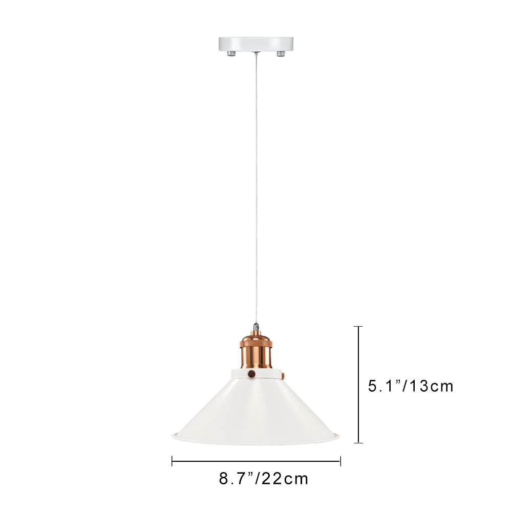 White cone shade battery-operated pendant light with adjustable cable and copper accents, measuring 8.7" wide and 5.1" high