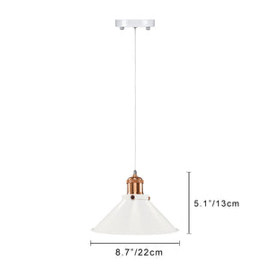 White cone shade battery-operated pendant light with adjustable cable and copper accents, measuring 8.7" wide and 5.1" high