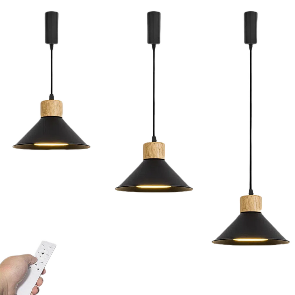 Dimmable track light with black metal shade and wooden accents, with remote control for brightness and color adjustment.