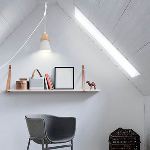 Wood base white pendant light, plug-in, for kitchen, bedroom, restaurant. Simple design hanging fixture.