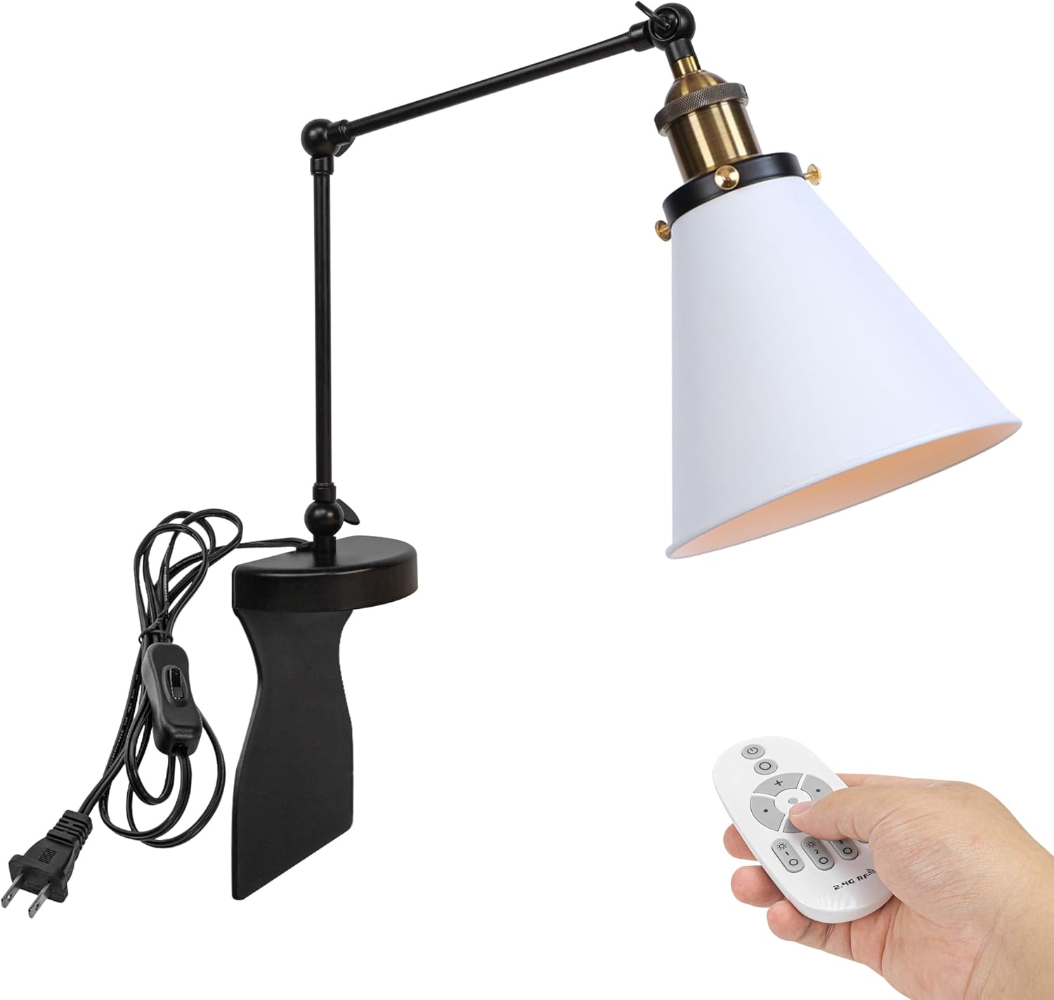 Kiven Headboard Reading Light, Dimmable LED Book Reading Lamp, Industrial Nightstand Lamp with Adjustable Swing Arm, 8.2ft Cord, Remote Control for Reading Bedside Side Table Desk, Black&Gold