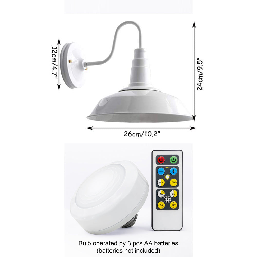 White LED Wireless Wall Sconce with Remote Control, battery operated, dimmable, modern design, dimensions included.