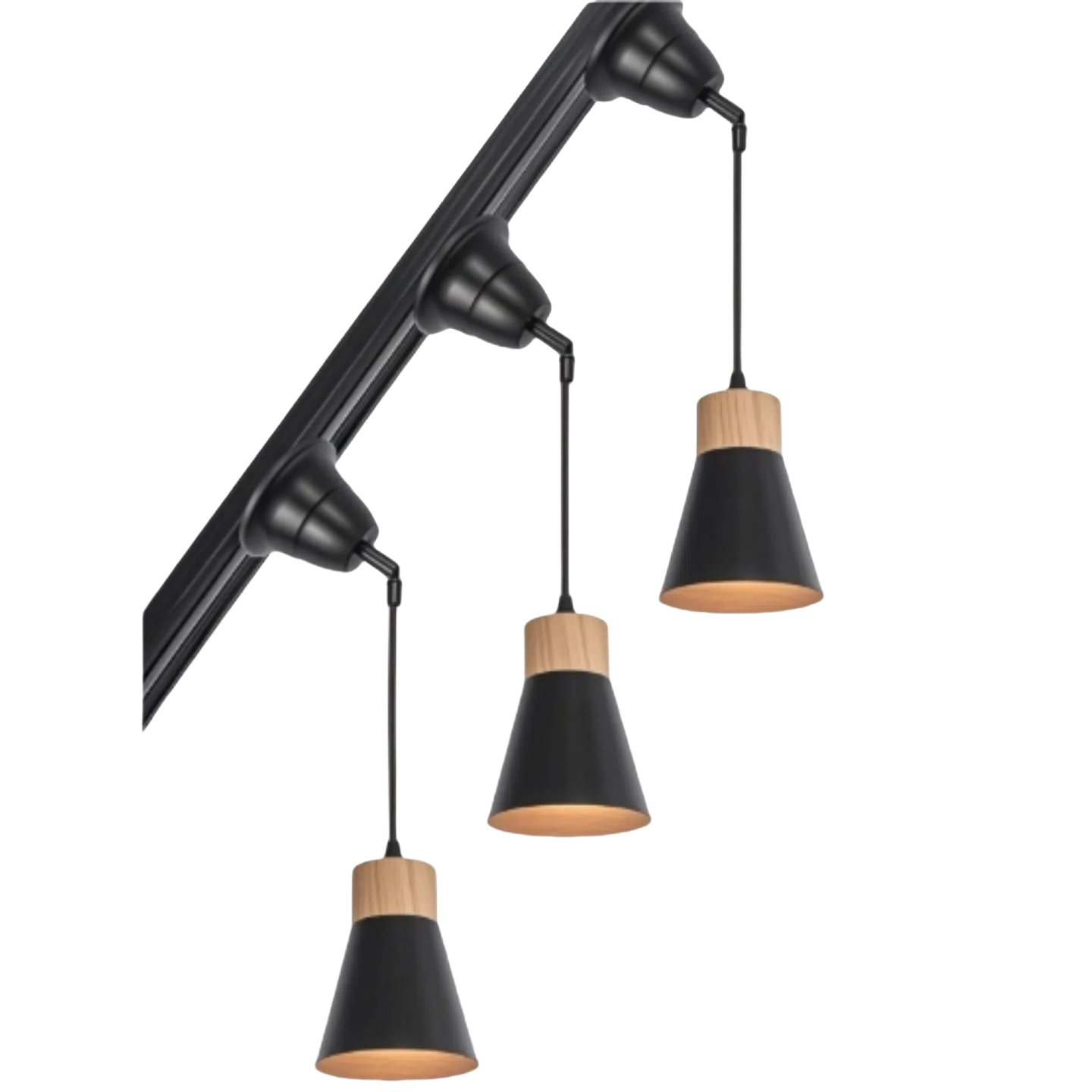 Black metal shade track light with wood base pendant. Kiven Lighting retro fixture.