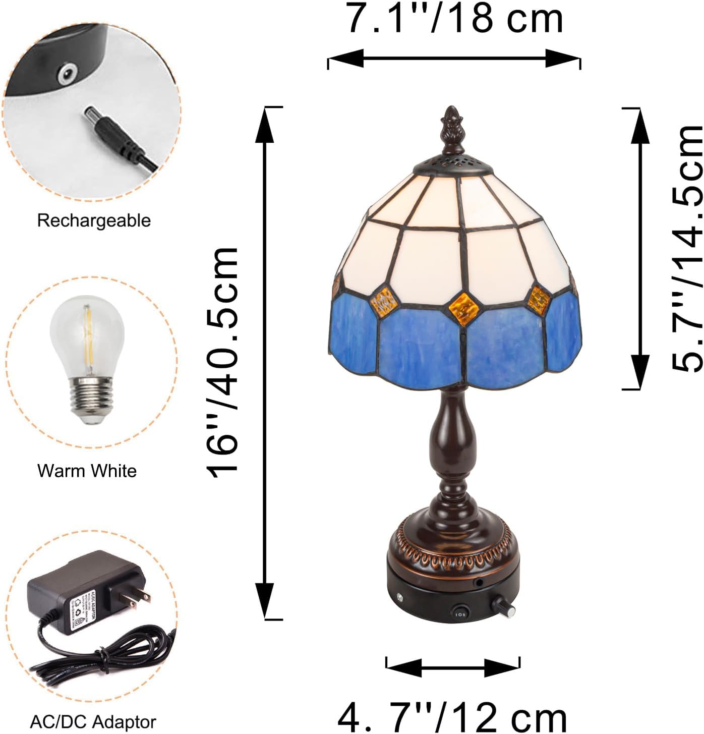 Kiven Cordless Table Lamp, Dimmable Bedside Lamps for Nightstand with Glass Lampshade, Tiffany-Style Rechargeable Desk Lamp for Reading Home Decor Bedside,1-Light