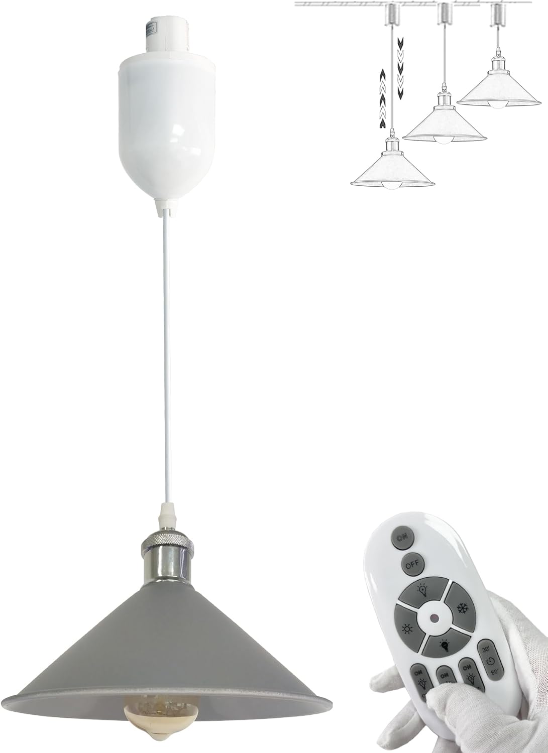 Gray adjustable pendant light with remote control. Dimmable kitchen island lighting by Kiven Lighting.