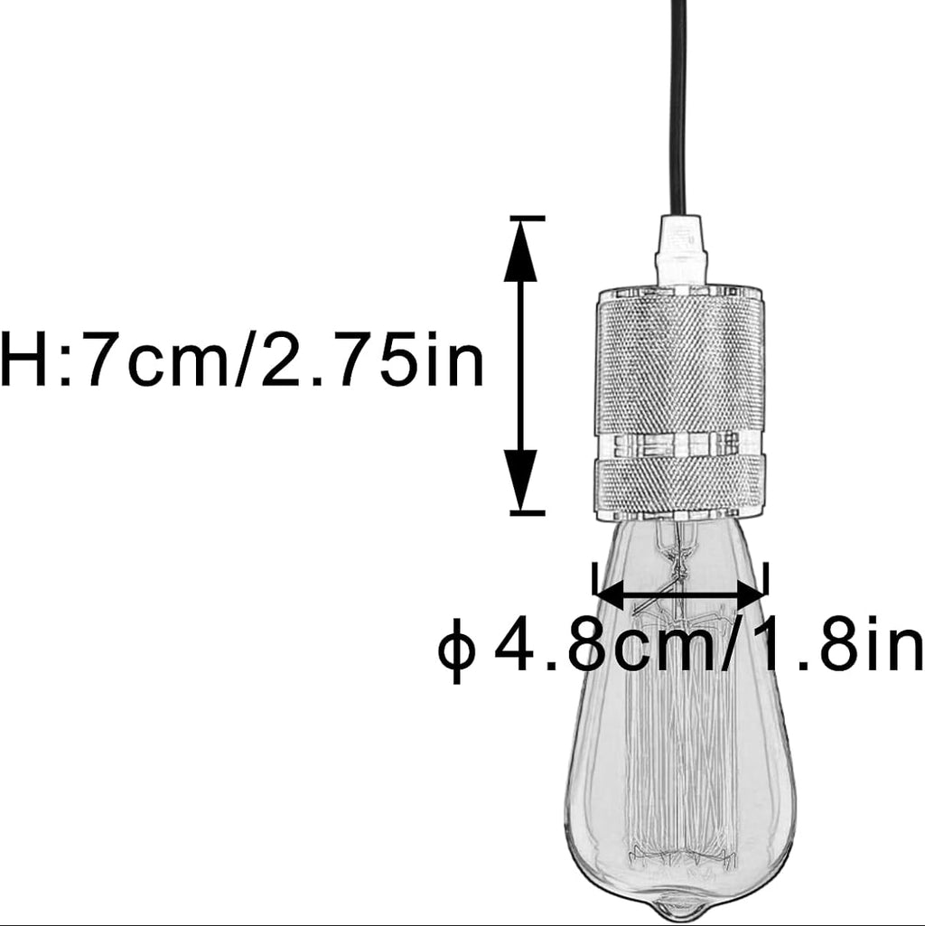 Retractable track lighting pendant schematic with dimensions: 7cm/2.75in height, 4.8cm/1.8in diameter. E26 bulb compatible.