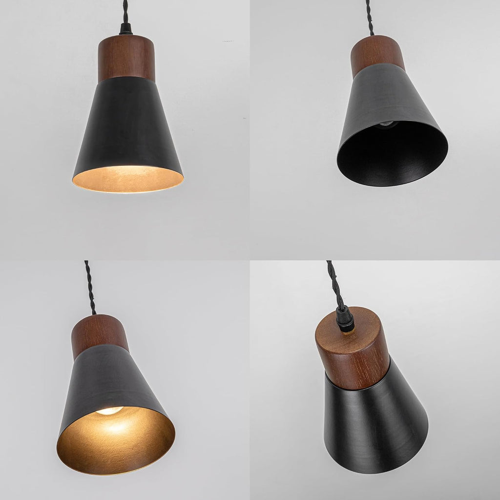 Retro pendant track light dimensions. Black shade with walnut base and adjustable wire, ideal for kitchen lighting.