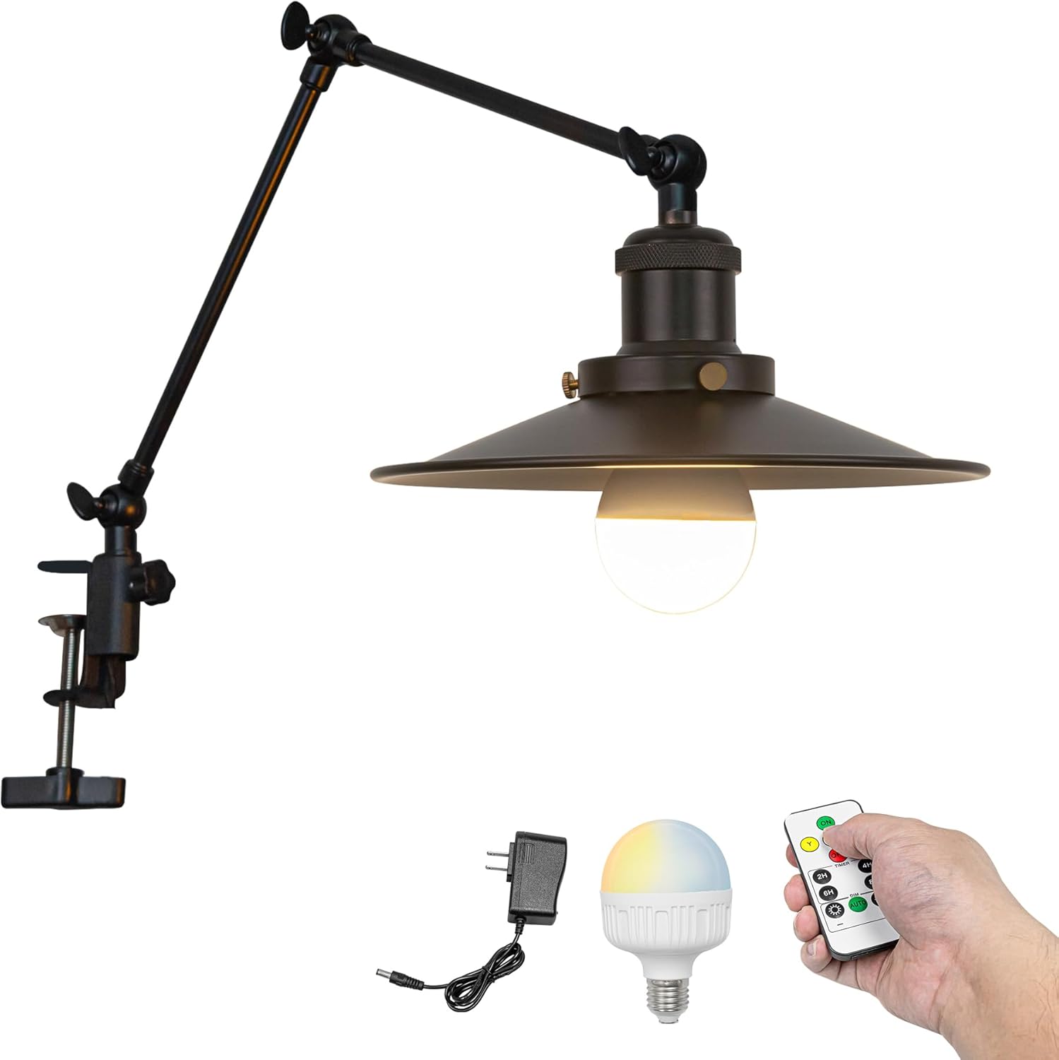 Kiven Battery Operated Clip-on Desk Lamp, 1-Light Dimmable Nightstand Lamp with Flexible Arm,Remote Control, Farmhouse Decorative Clamp Lamp for Home Decor Bookshelf Bedside,Yellow Finish