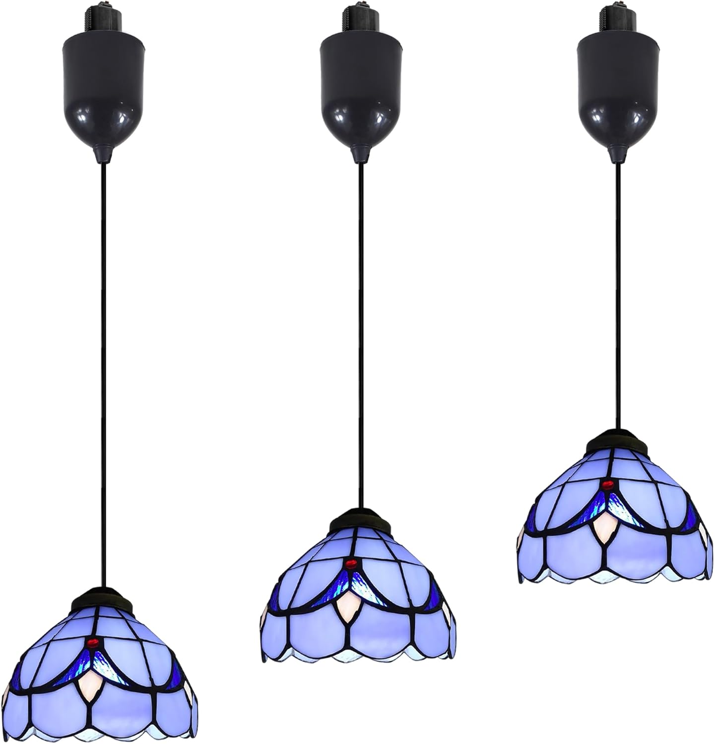 6 inches Adjustable Cord Length Halo Track Lighting Pendants, 4 Ft Cord, H-Type Track Blue Tiffany Stained Art Glass, E26 Socket Track Mount for Kitchen Island Sloped Vaulted Ceiling 3-Lights