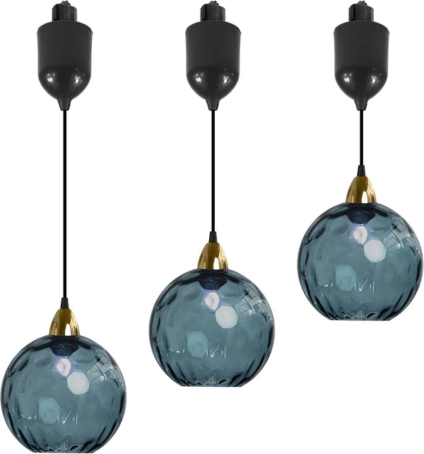 Blue hammered glass Juno track pendants with adjustable height for kitchen, bar, or ceiling lighting. Vintage style.