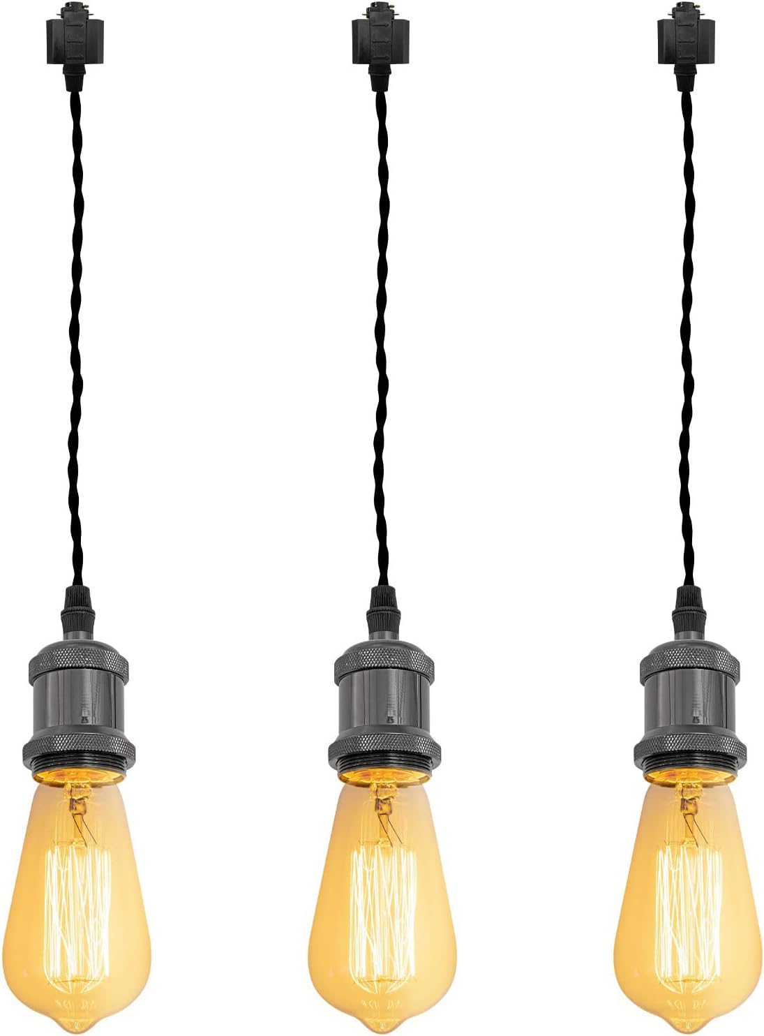Kiven H-Type Wire Track Light Pendants for Restaurant Decorative Pendant Light Industrial 15.7 Inch Cord Length Black Weave Rope 3 Pack (Bulb Not Included)