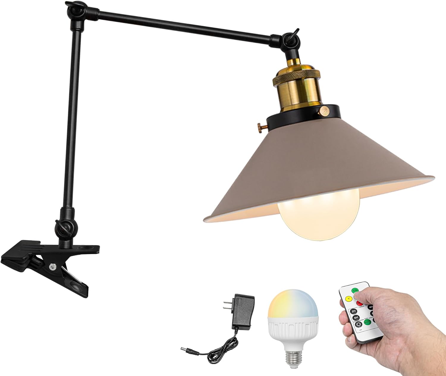 Kiven Battery Operated Clip-on Desk Lamp, 1-Light Dimmable Nightstand Lamp with Flexible Arm,Remote Control, Modern Decorative Clamp Lamp for Home Decor Bookshelf Bedside,Black Finish