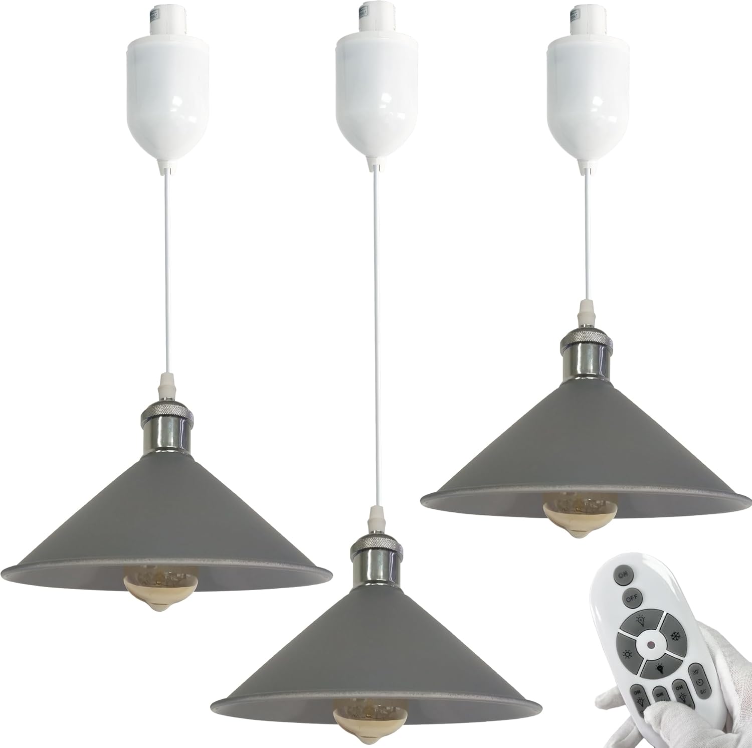 Industrial gray pendant lights, dimmable, with remote. Adjustable height kitchen island lighting by Kiven Lighting.