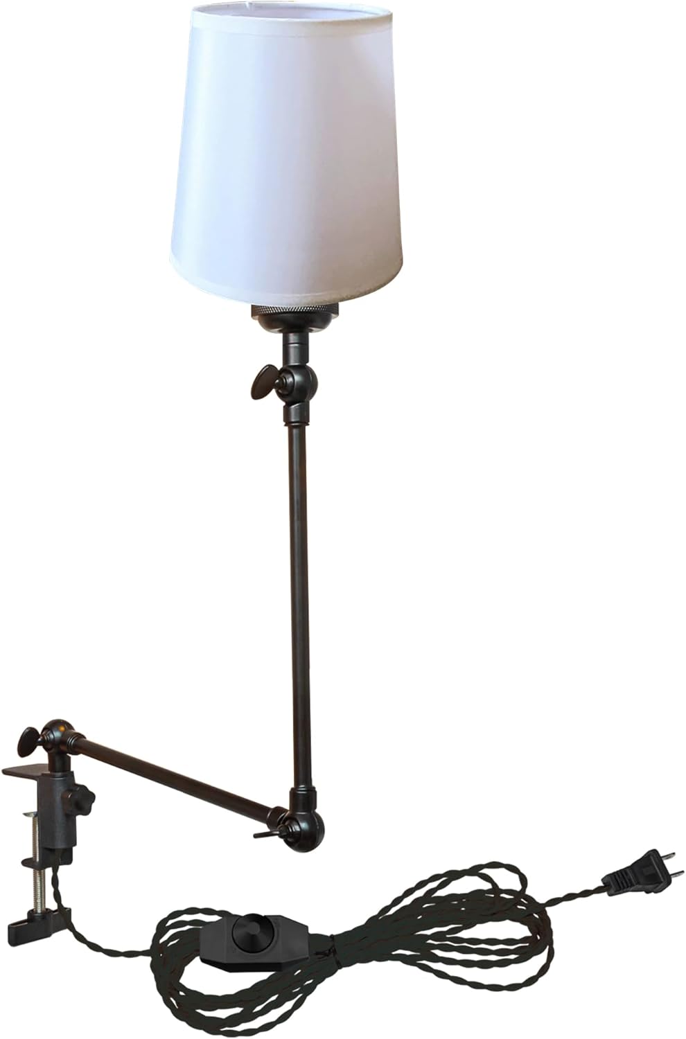 Kiven Plug-in Modern Clip-on Desk Lamp, 1-Light Nordic Nightstand Lamp with Flexible Arm, Orange Drum Fabric Lampshade, 8.2FT Plug in Cord, Decorative Clamp Lamp for Office Home Bookshelf Bedside