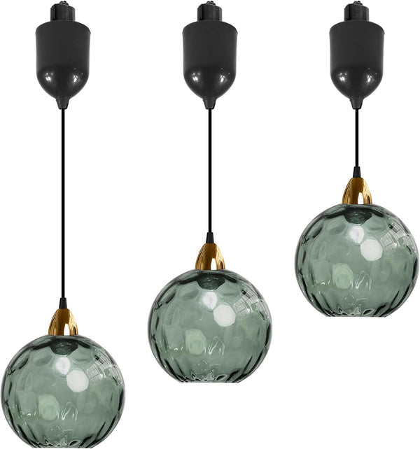 Three Gray Hammered Glass Juno Track Pendants with adjustable height, perfect for kitchen or bar lighting, vintage style.