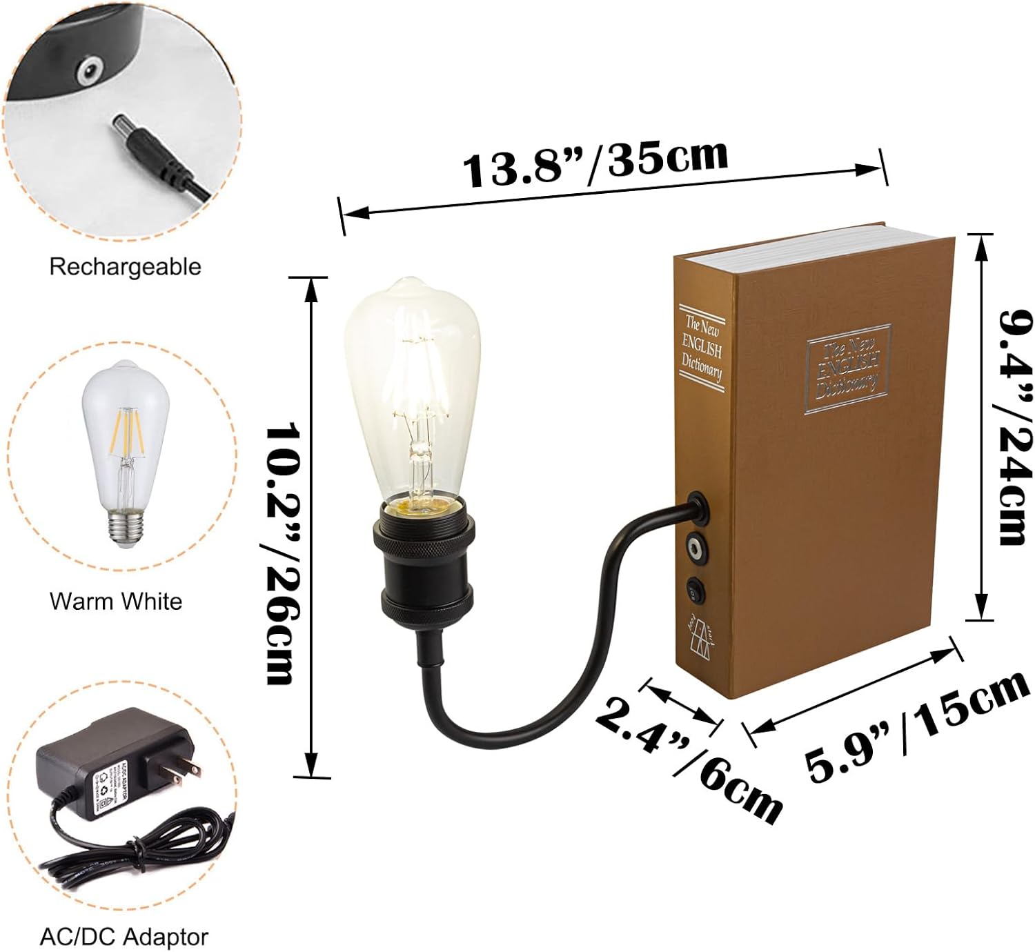 Kiven Cordless Table Lamp, 1-Light Rechargeable Bookshelf Lamp, Modern Decorative Bookend, Cordless Lamp for Office Home Decor Bedside Bookshelf