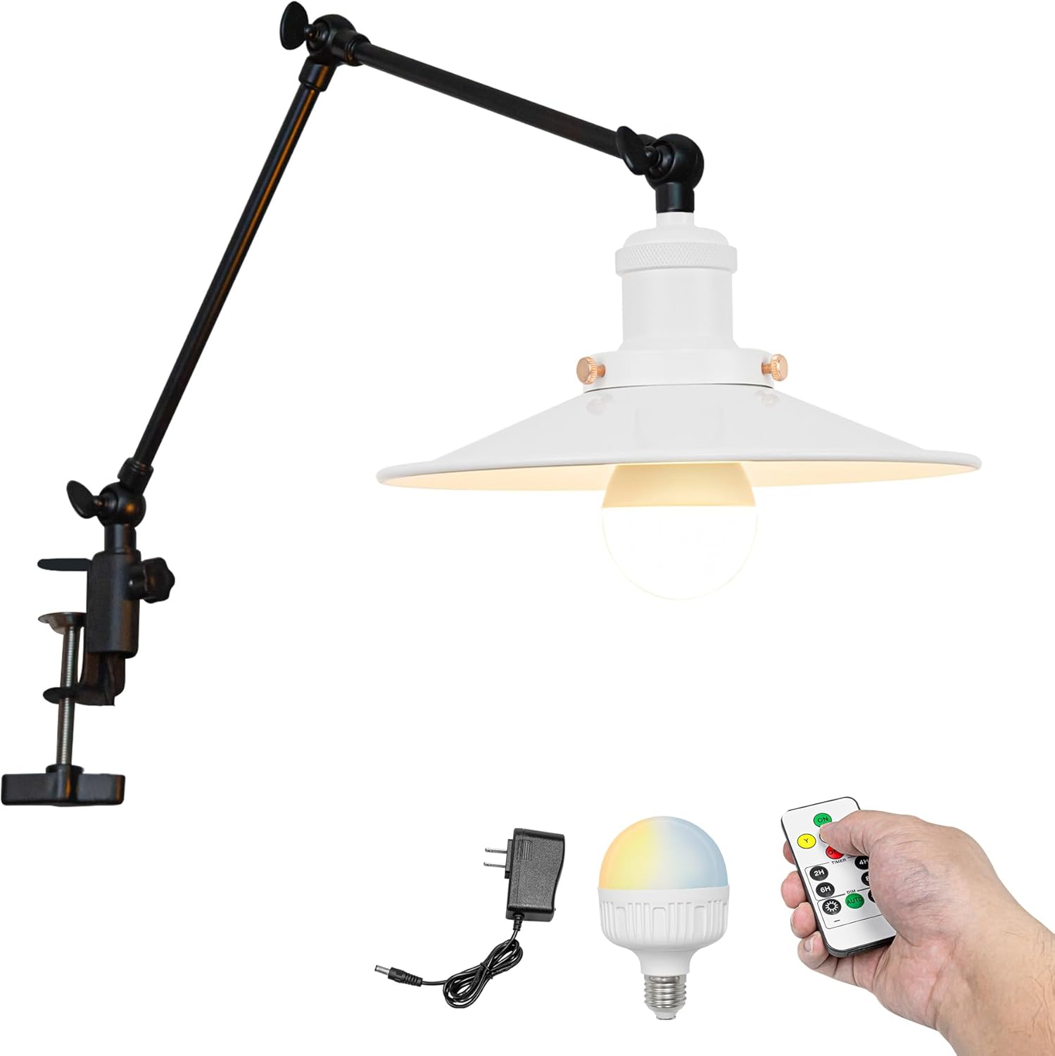Kiven Battery Operated Clip-on Desk Lamp, 1-Light Dimmable Nightstand Lamp with Flexible Arm,Remote Control, Farmhouse Decorative Clamp Lamp for Home Decor Bookshelf Bedside,Yellow Finish