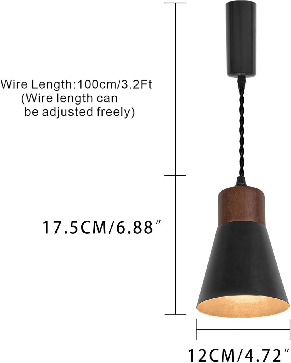 Retro track pendant lights with black shades and walnut base, kitchen lighting. Vintage style.