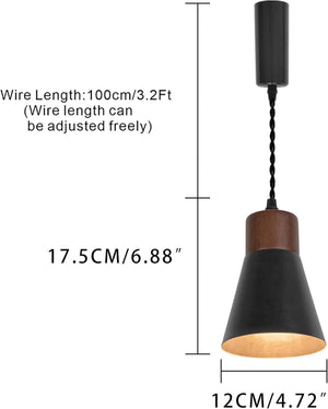 Retro pendant track light dimensions. Black shade with walnut base and adjustable wire, ideal for kitchen lighting.