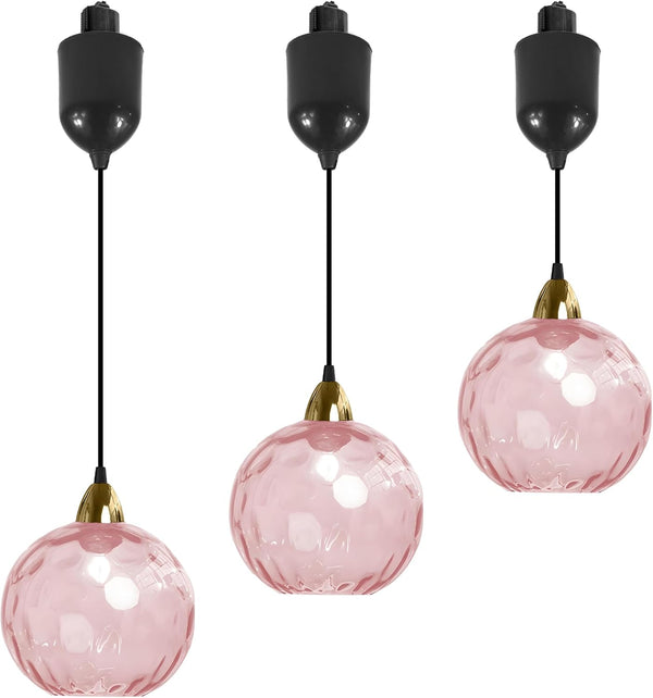 Pink hammered glass Juno track pendants for kitchen or bar lighting, vintage style, adjustable height, E26 socket