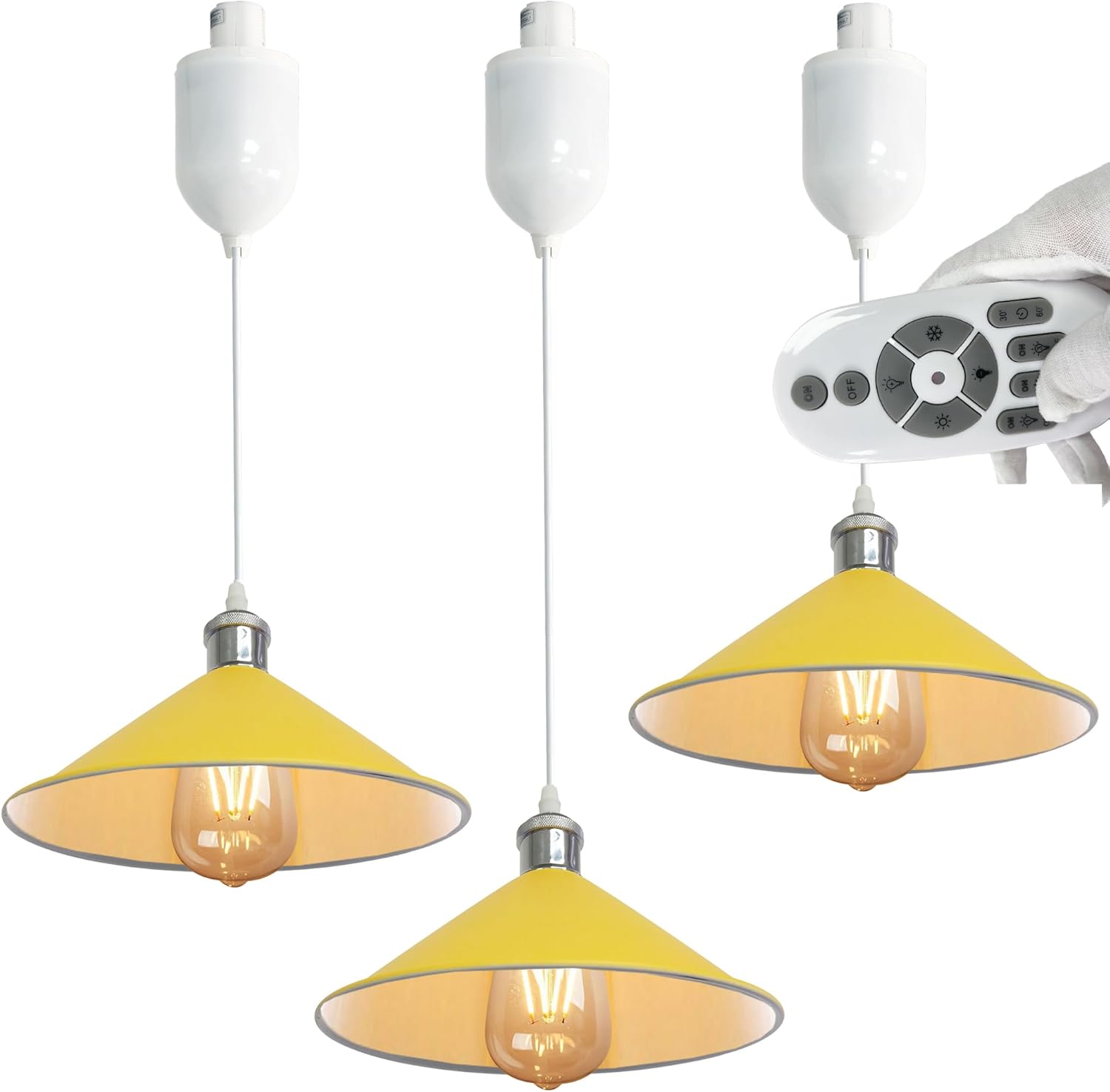 Yellow dimmable pendant lights with remote. Industrial style track lighting for kitchen island, adjustable height. Kiven.