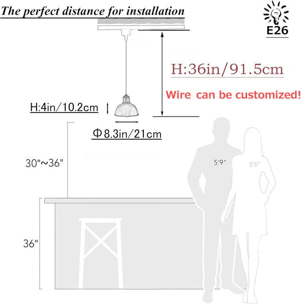 Kiven Retro pendant light diagram: dimensions, height guide, customizable wire, perfect for kitchen island. E26 socket.